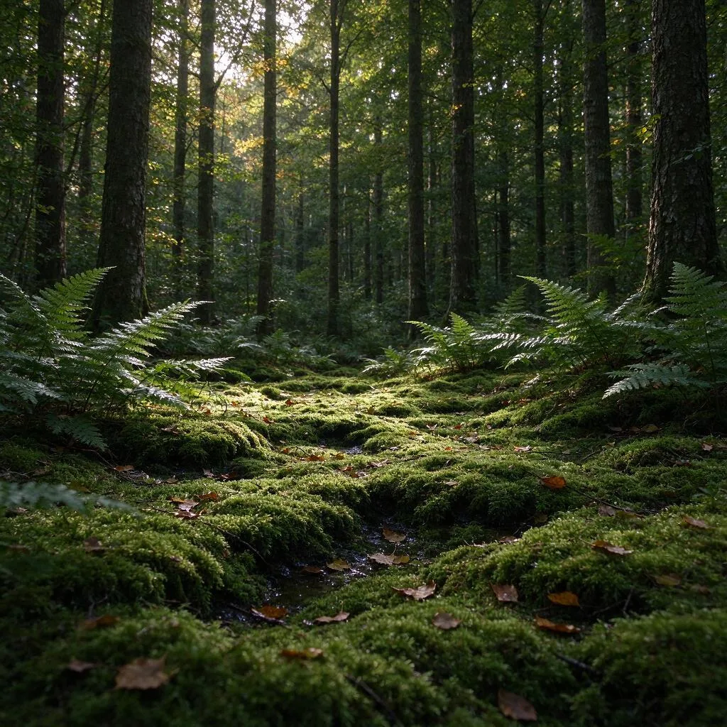 A small forest clearing with mossy ground, ferns and fallen leaves among tall trees