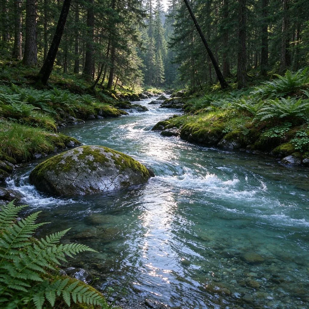 A forest river bending around mossy rocks with ferns on the banks and tall evergreen trees