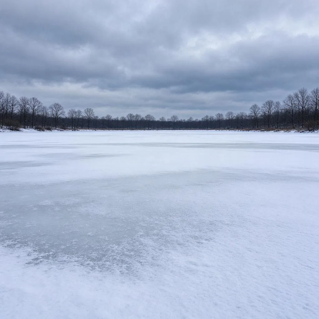 A frozen lake covered in snow with bare trees along the far shore under a grey winter sky