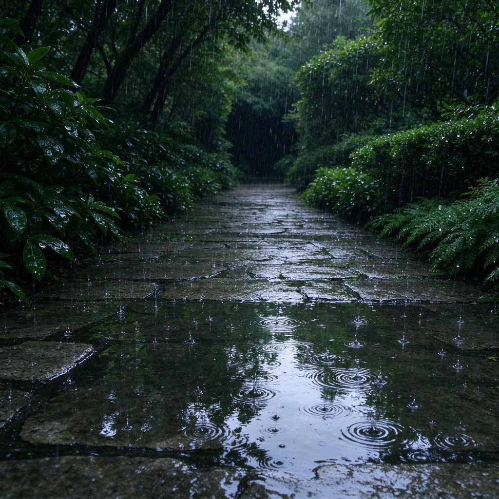 A garden path in rain with puddles on stone paving and wet green shrubs