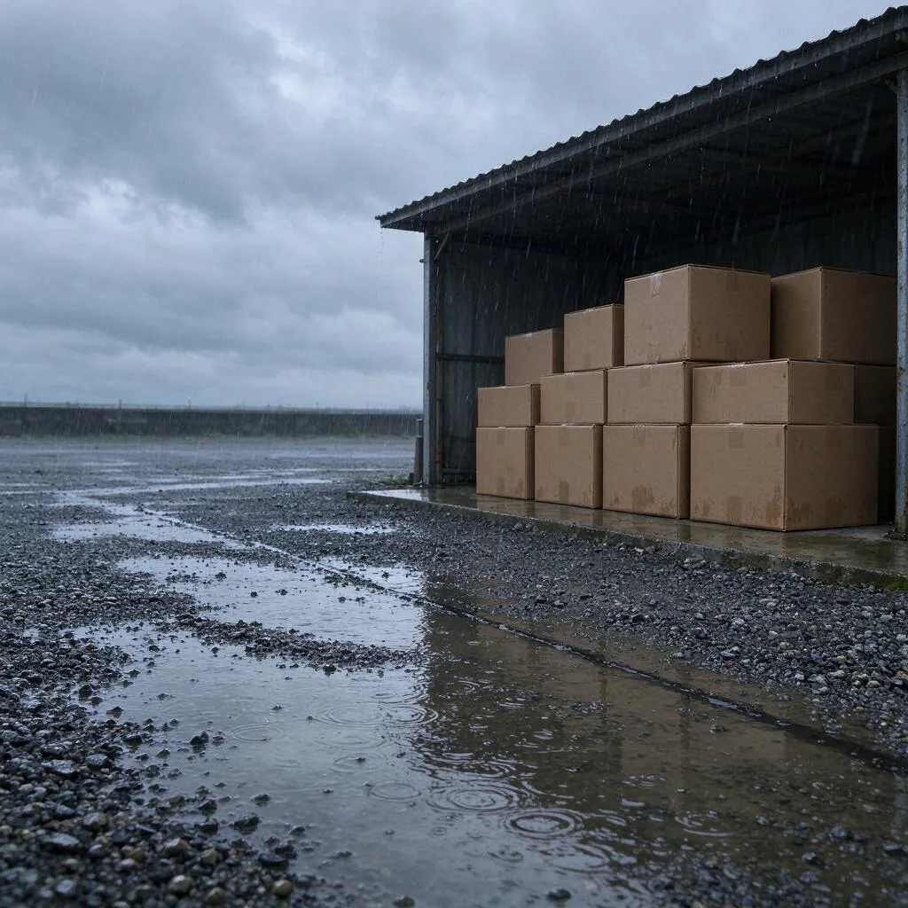An open gravel yard after rain with puddles and plain stacked cartons under a shelter roof