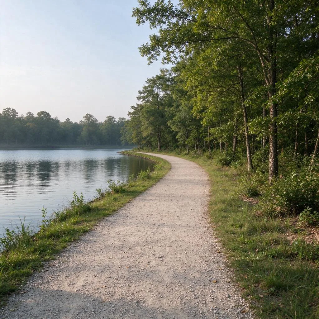A gravel lakeside walking path with calm water on one side and grass and trees on the other