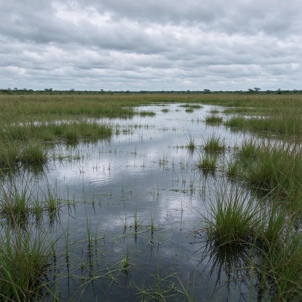 A wide marsh with shallow standing water, tall grass and reflections under an overcast sky