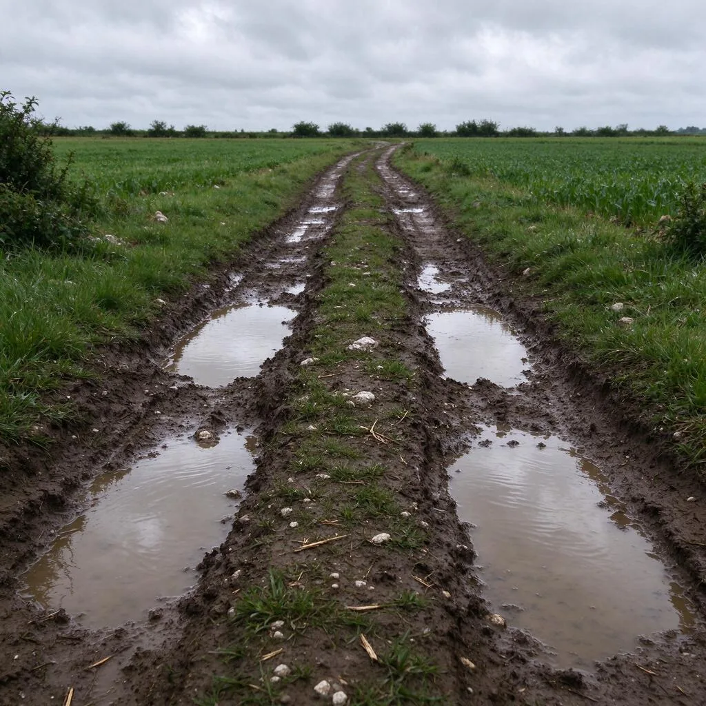 A muddy farm track with puddles between green fields under a grey sky