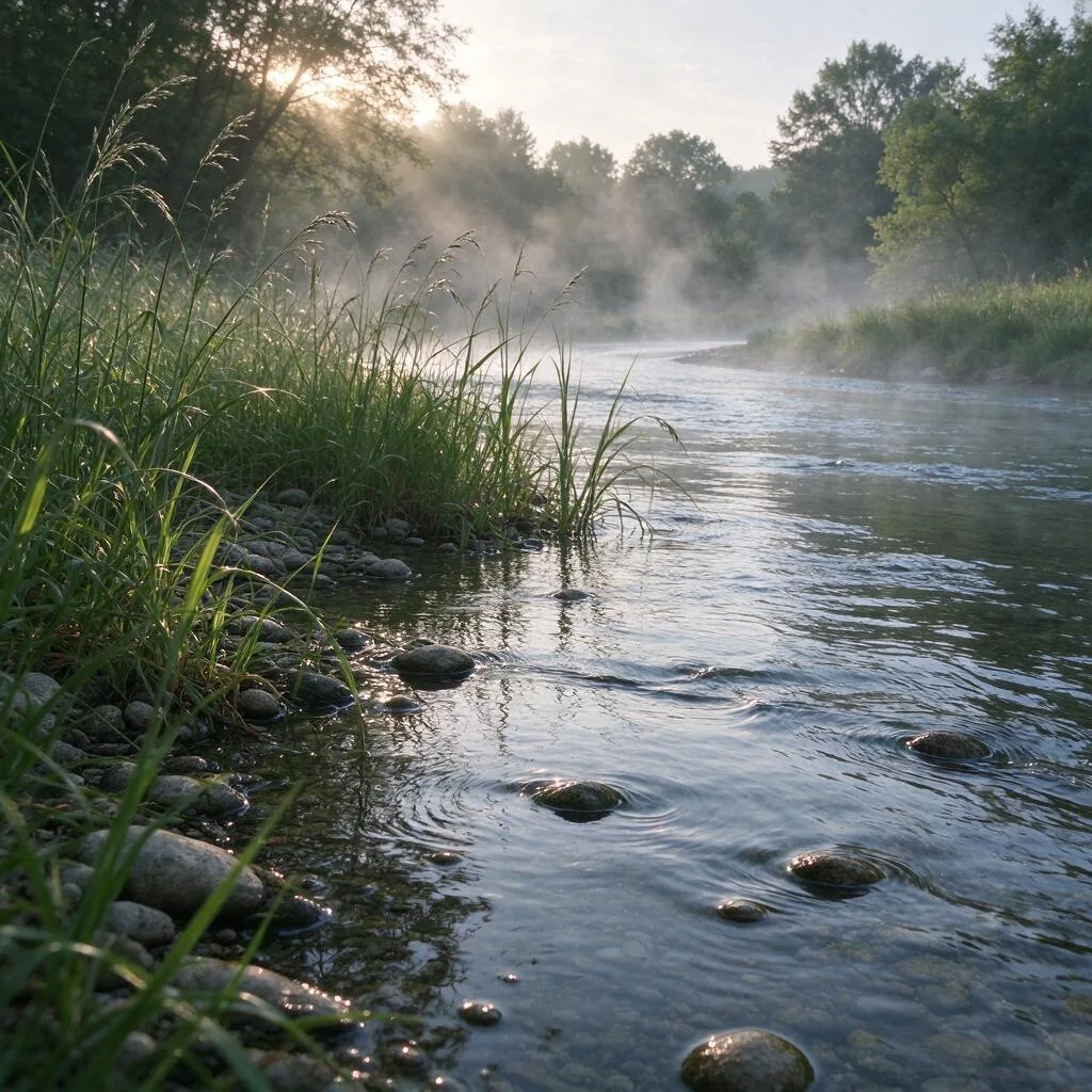 A calm riverbank with tall reeds and shallow water over pebbles in early morning light