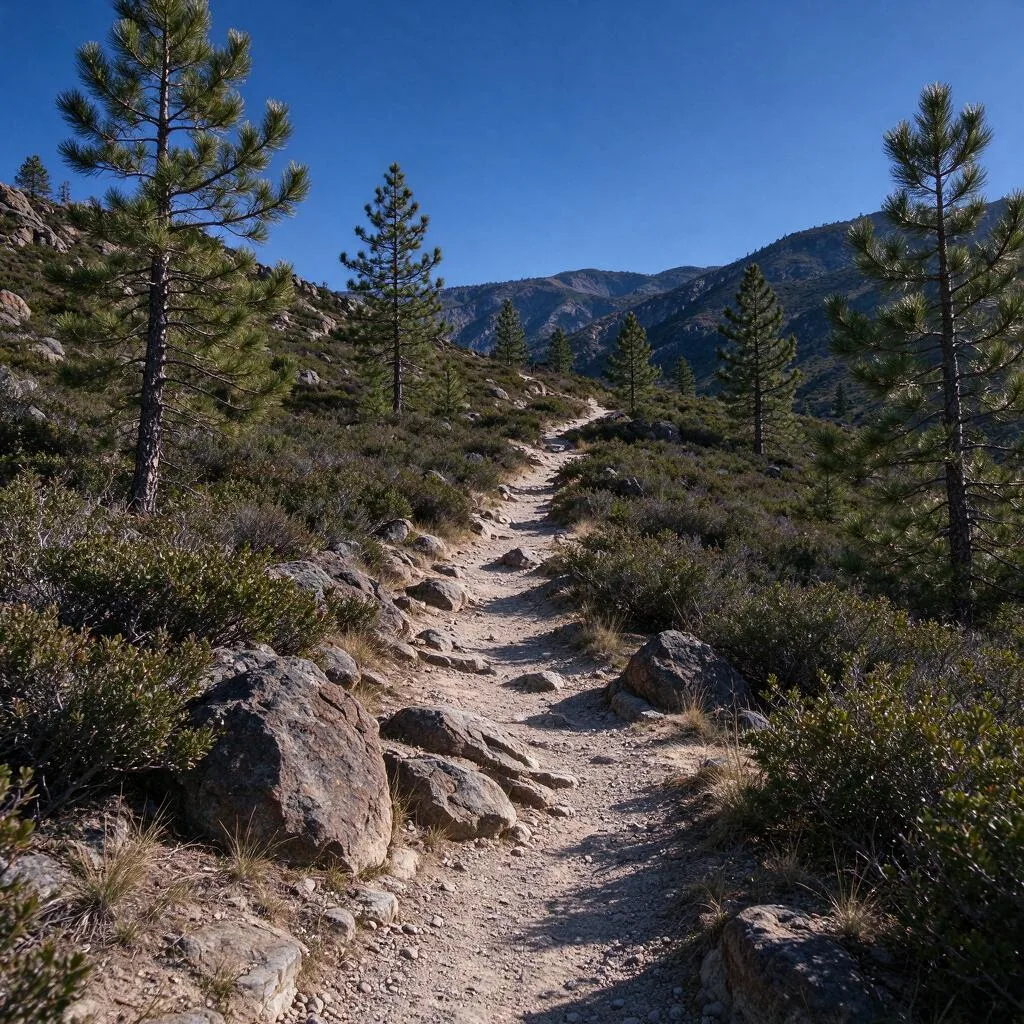 A rocky mountain trail winding through low shrubs and pine trees with a distant ridge