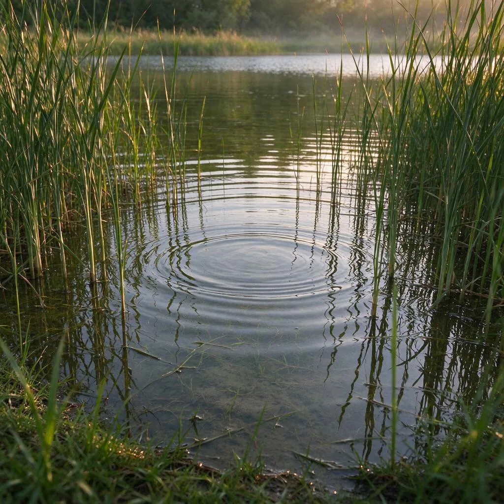 Still shallow water among reeds at the edge of a quiet lake in soft evening light