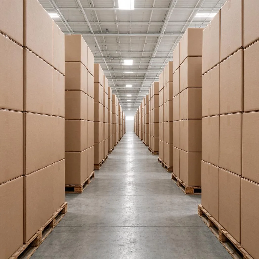 A warehouse aisle with tall plain cardboard cartons stacked on pallets