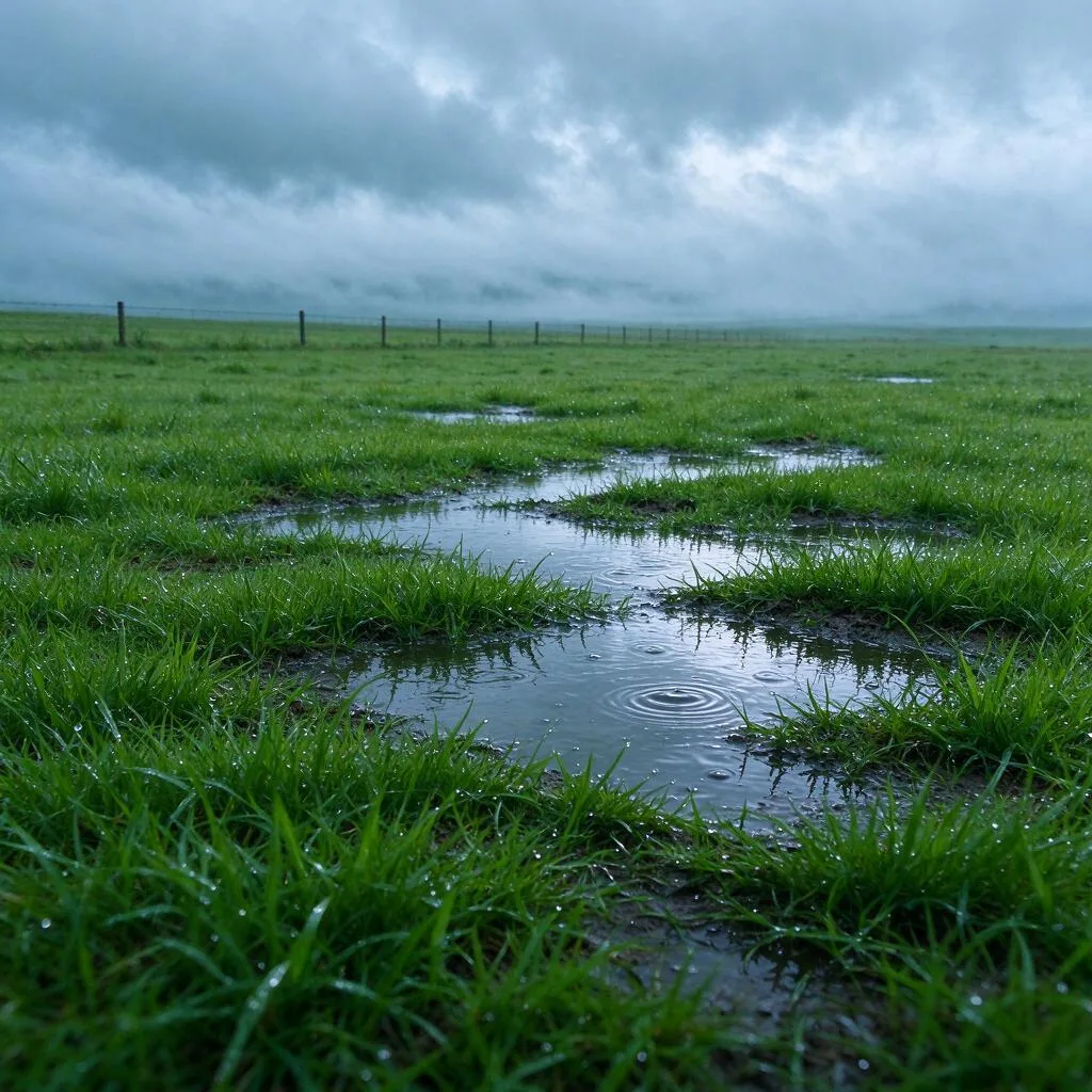 A wet grass field after rain with scattered puddles and a fence line in the distance
